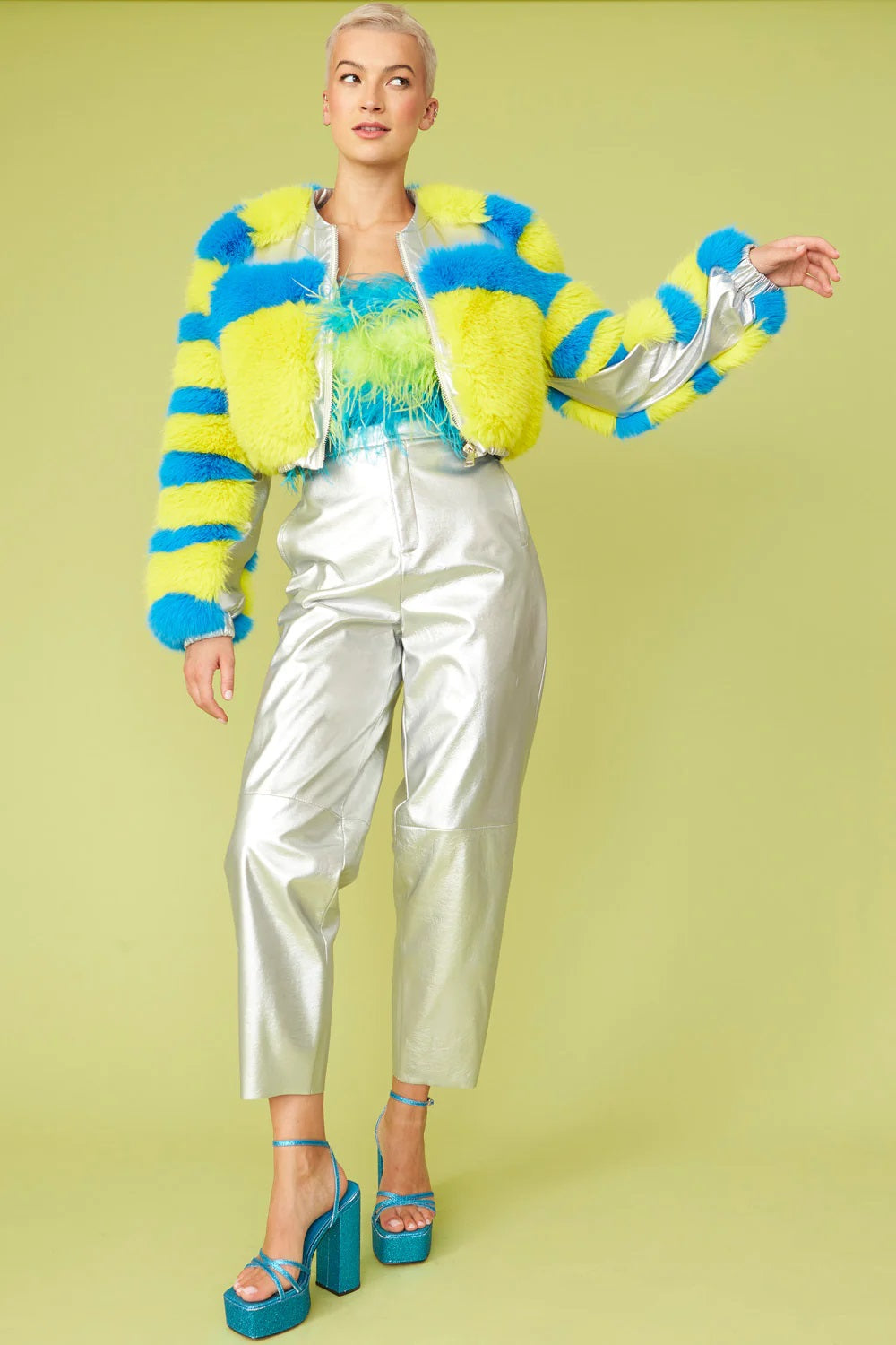 Striped Yellow Faux Fur Cropped Bomber Jacket